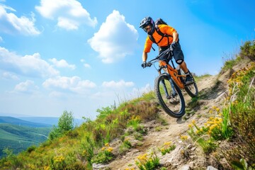 a sporty man who rides a mountain bike in the mountains. Generative AI