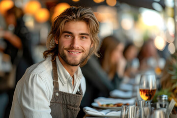 Cafe coffee shop entrepreneur male smiling happy working in cafeteria, man wearing apron standing in counter bar.Generative AI