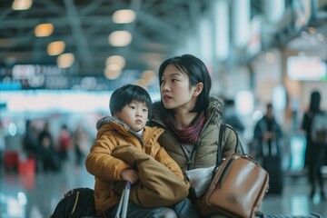 An Asian mother is sharing with family at the airport 