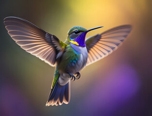 Obraz premium kleiner Fliegender Kolibri mit lila Hals und Brust