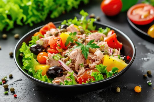 Canned tuna salad with fresh vegetables, capers and olives in a black bowl. Healthy lunch or dinner. 