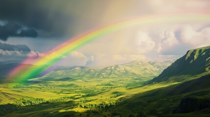 Vibrant Rainbow Spanning Across Green Valley on St. Patricks Day