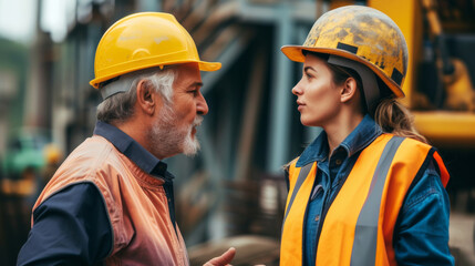 Senior Engineer Instructing Apprentice on Site.
A senior construction engineer in a yellow hard hat explains details to a younger apprentice in an orange vest. - obrazy, fototapety, plakaty