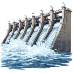 Hydroelectric dam generating electricity from flowing water isolated on white background, simple style, png
