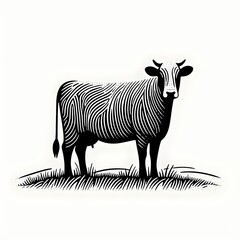 A line art drawn illustration a cow Standing in a field