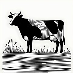 A line art drawn illustration a cow Standing in a field