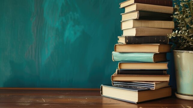 Vintage old hardback books, on a wooden table and grunge background. Stacking books. Back to school. Copy space. Education