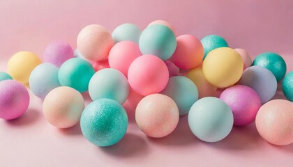 Fototapeta na wymiar Heap of colorful pastel balls on pastel pink background. Creative and fun