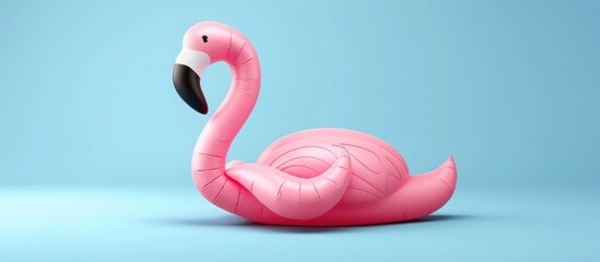 3d realistic an inflatable toy pink flamingo bird isolated on blue pastel background. Generated AI