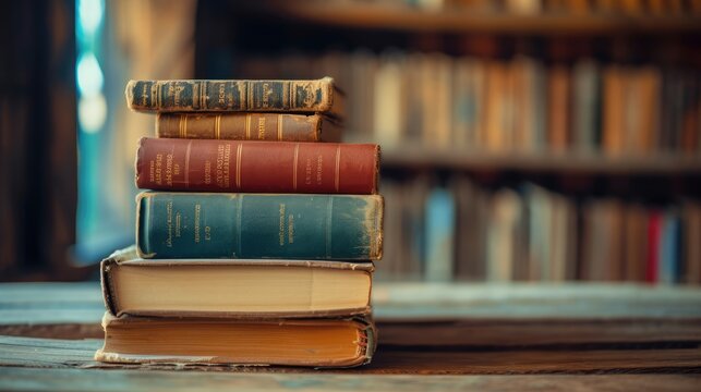 Vintage old hardback books, on a wooden table and grunge background. Stacking books. Back to school. Copy space. Education