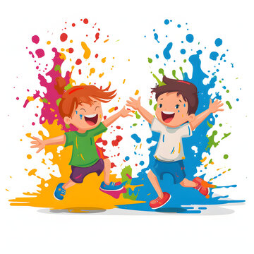 Children having a colorful paint fight isolated on white background, flat design, png
