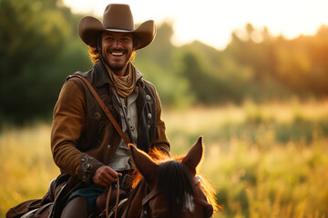 Cowboy joyfully galloping on horseback, a wide smile under a wide-brimmed hat, embodying wild spirit. - obrazy, fototapety, plakaty