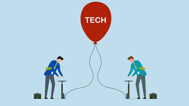 Tech stock bubble, 4k animation traders investors take risk by inflating ready balloon with word TECH