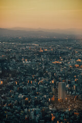 Fototapeta na wymiar Foto de la ciudad de Tokyo, Japón, desde las alturas con el atardecer de fondo.