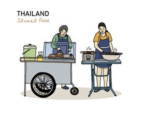 Women selling grilled pork at street. Street food concept. Hand drawn vector illustration on white background.