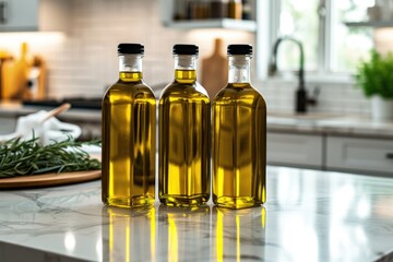 Group of three olive oil bottles isolated at the center of the image on a kitchen countertop 