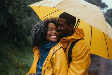 Happy African American couple in raincoats walking embraced under umbrella during rainy day on the road. Copy space.