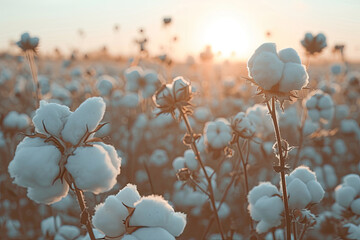 Cotton farm during harvest season. Field of cotton plants with white bolls. Sustainable and eco-friendly practice on a cotton farm. Organic farming. Raw material for textile industry