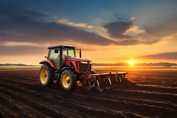 Fototapeta premium Agricultural tractor plowing cereal field at sunset background. Agroindustry and agribusiness. Loosening of the soil between the rows of bushes. Agriculture background concept