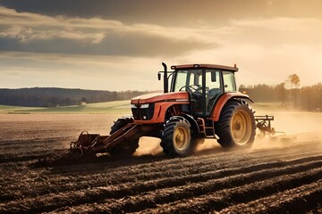 Obraz premium Agricultural tractor plowing cereal field at sunset background. Agroindustry and agribusiness. Loosening of the soil between the rows of bushes. Agriculture background concept