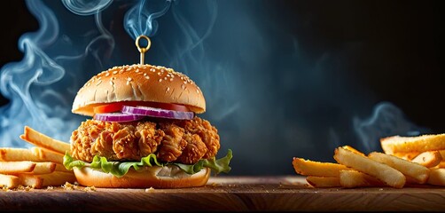Chicken burger on wooden table with smoke on dark background: Fried crispy chicken culinary presentation with copy space - Powered by Adobe