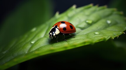 ladybug on green leaf with water drops macro close up photo