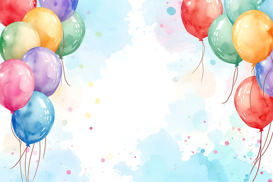 Cute cartoon colorful balloons frame border on background in watercolor style.