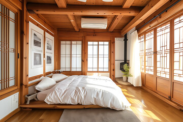 Interior of Japanese bedroom with bed.