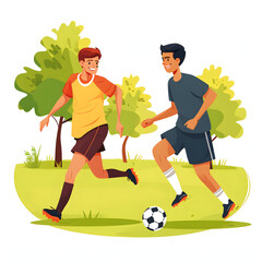 Friends having a friendly game of soccer in a park isolated on white background, cartoon style, png
