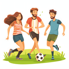 Friends having a friendly game of soccer in a park isolated on white background, cartoon style, png
 - obrazy, fototapety, plakaty
