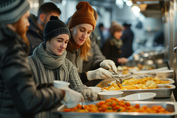 compassionate volunteer distributing food and supplies to people in need at a local soup kitchen
