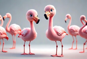 A Adorable 3d rendered cute happy smiling and joyful baby Flamingo cartoon character on white backdrop 