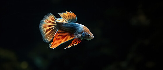 Fighting fish species, betta fish In a glass jar, exotic pet, black background ultrawide banner cover