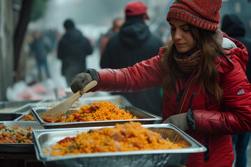 compassionate volunteer distributing food and supplies to people in need at a local soup kitchen