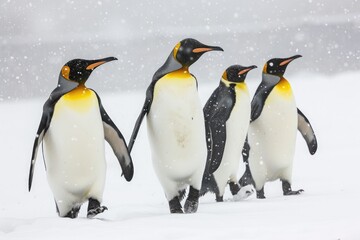 Obraz premium King penguins (Aptenodytes patagonicus) walking in snowstorm. 