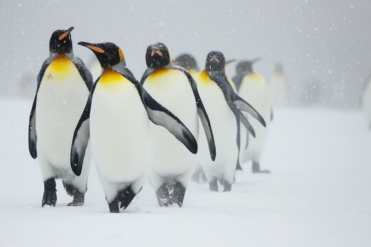 King penguins (Aptenodytes patagonicus) walking in snowstorm. 