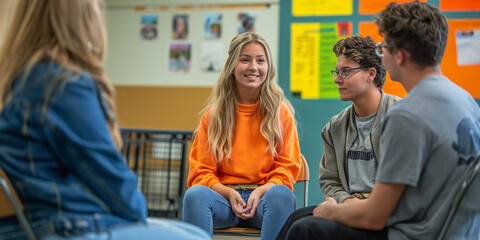 Naklejka premium Teen students engaged in a classroom discussion.