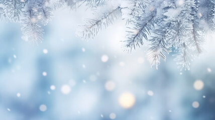 Blue winter blurred background with snowy spruce branches on top
