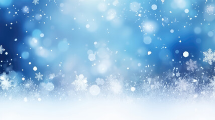 Blue winter blurred background with snow snowflakes and snow. Winter cold background