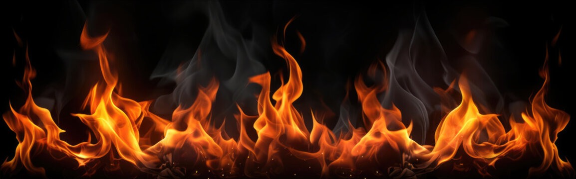 Row Fire flames and smoke on the bottom isolated on a black background
