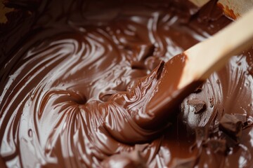 Melted chocolate being stirred with a wooden spoon  - obrazy, fototapety, plakaty