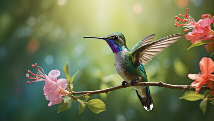 Obraz premium Delicate ballet of a hummingbird as it hovers and then gracefully lands on a slender branch and its iridescent feathers catching the sunlight against a lush green backdrop of nature