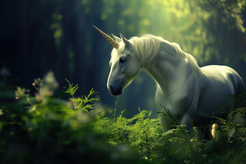 Obraz na płótnie Canvas Unicorn in dark forest 