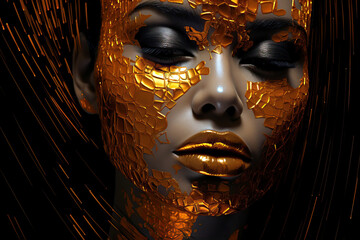 Beautiful woman with intricate golden makeup