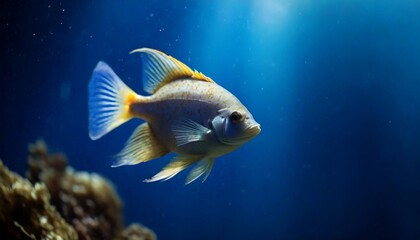 Fish swimming in the depths of the ocean. Sea creature in dark water.