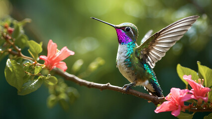 Fototapeta premium Delicate ballet of a hummingbird as it hovers and then gracefully lands on a slender branch and its iridescent feathers catching the sunlight against a lush green backdrop of nature