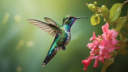 Delicate ballet of a hummingbird as it hovers and then gracefully lands on a slender branch and its iridescent feathers catching the sunlight against a lush green backdrop of nature