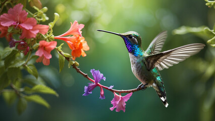 Fototapeta premium Delicate ballet of a hummingbird as it hovers and then gracefully lands on a slender branch and its iridescent feathers catching the sunlight against a lush green backdrop of nature