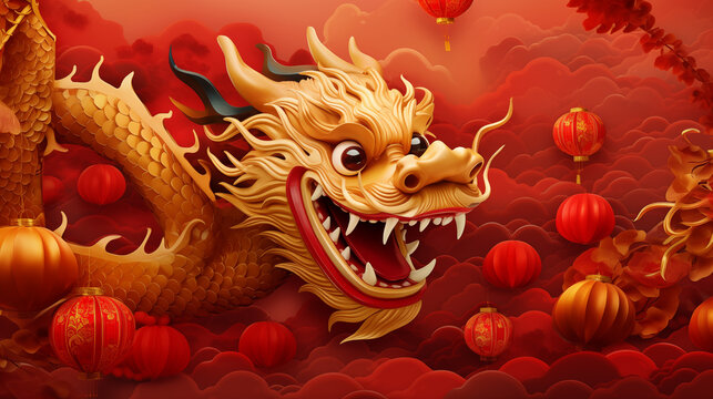 Chinese dragon paper cut style. Chinese New Year. Vector illustration.