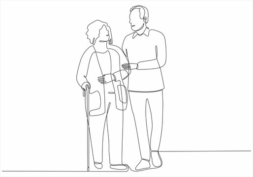 Old Couple In Continuous Line Art Drawing Style. Senior Man And Woman Walking Together Holding Hands. Black Minimalist Linear Sketch Isolated On A White Background. Vector Illustration